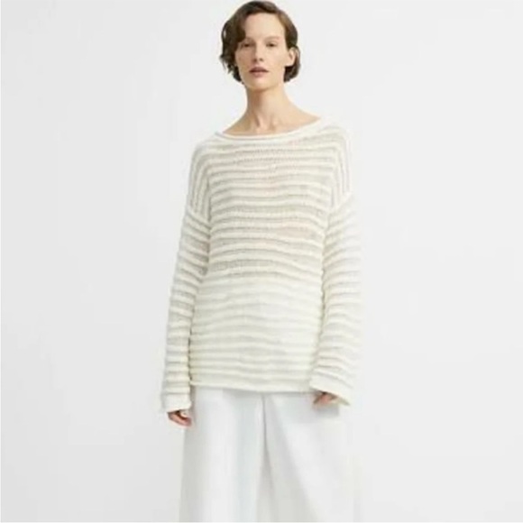 Theory White Alpaca Blend Long Boatneck Sheer Knit Striped Tunic Sweater - Picture 1 of 13